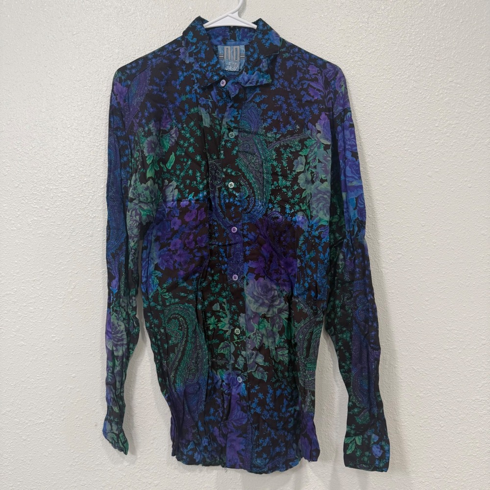 D.D. Designs Mens Rayon Paisley Floral Button Up Shirt Purple Teal XL Vintage